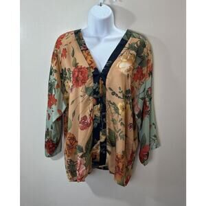 Farm Rio Women's Blouse Size S Multicolor‎ Floral Tropical Tunic Tie Boho Artsy